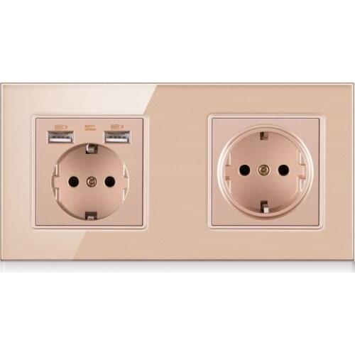 FRON 172*86 German Standard Crystal Tempered Glass Wall Gniazdo Socket Enchufe Usb 5V 2100mA Presa Plug Sockets AC100-250V 16A