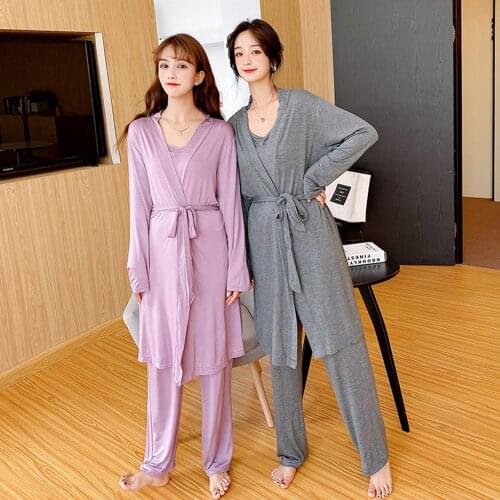 Suit Women Autumn New 3 Pieces Set Long Sleeve Modal Soft Home Womens Loose Casual Pajamas Home Clothes Loose Sleepwear