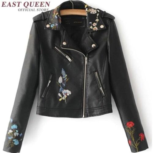 Womens leather jacket full sleeve casual slim embroidered floral outwear short jacket turn-down collar jacket DD228 F