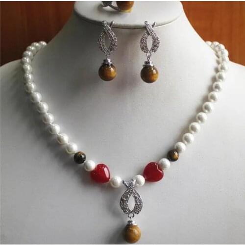 Fashion design 8mm white shell beads + tiger eye stone + Red Heart accessories metal silver plated set Earrings Ring Necklace P
