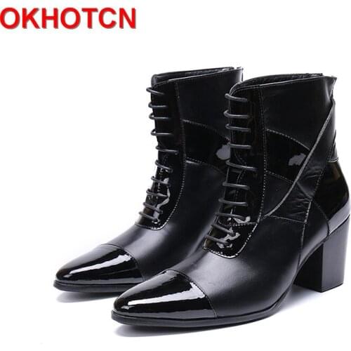 Designer Mens High Heel Boots Lace Up Cow Leather High Men Shoe Back Zipper Fashion Mens Shoes High Heels Ankle Motorcycle Boots