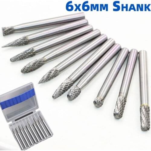 10PCS 6MM Shank Tungsten Carbide Burrs Set Double Cut Solid Rotary Burr For Die Grinder Drill Milling Cutter Tool Diamond Metal
