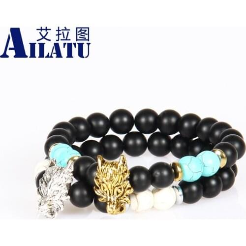 Ailatu New Design Mens Jewelry 8mm Matte Beads Alloy Wolf Bracelet