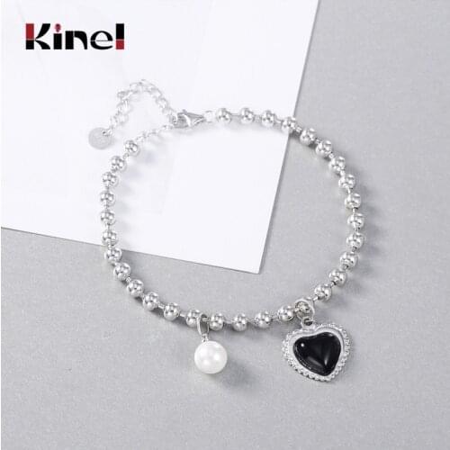 Kinel New Real 925 Sterling Silver Black Onyx Love Pearl Bracelet Round Beads Bracelets for Women INS Fashion Jewelry