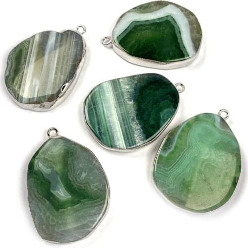 Natural Stone Pendants Irregular Polished Striped Green Agates Stone Charms for Jewelry Making Women Necklace Bracelet Gift