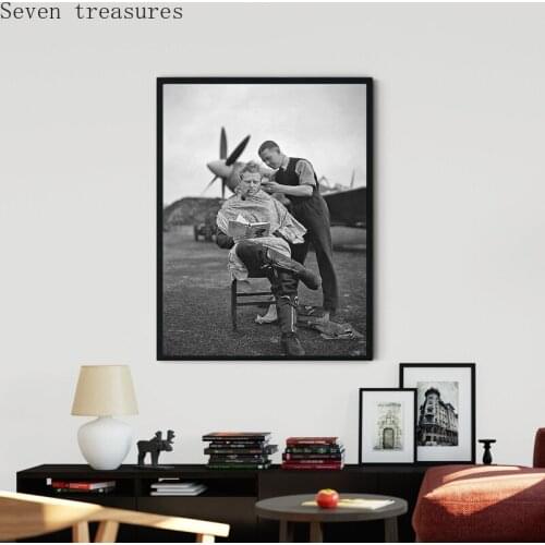 Hair Salon Decor Vintage Photo WW2 Pilot Haircut Poster Black White Hairstylist Gift Prints Barber Shop Wall Art Canvas Painting