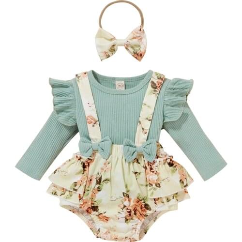 3 Pcs Newborn Casual Outfits Baby Girl Ribbed Fly Sleeve Round Neck T-shirt + Flower Print Overalls with Bowknot + Headband