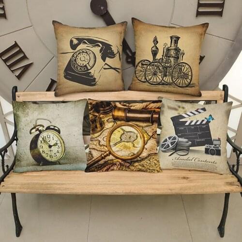 Retro Style Europe America Vintage Older Telephone Alarm Clock Map Car Clap-stick Pillow Case Home Sofa Decoration Cushion Cover