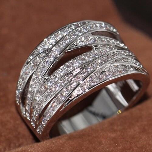 US Size 5-11 Luxury Jewelry 10KT White Gold Filled Pave Full Clear AAA Cubic Zirconia Party Cross Women Wedding Band Ring Gift