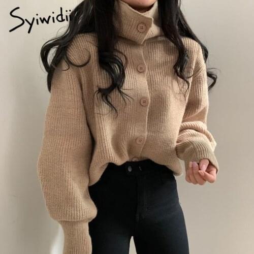Syiwidii Cardigan Tops Sweaters Woman Fall 2021 New Vintage Turtleneck Knitted Jackets Single Breasted Loose Coats Black Khaki