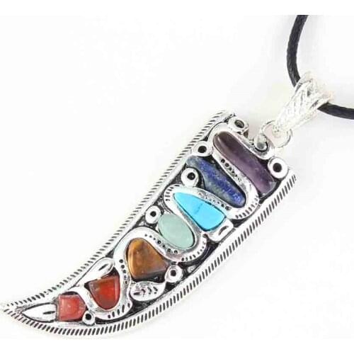 FYJS Unique Silver Plated Horn Shape with 7 Colors Stone Pendant ReiKi Healing Chakra Necklace Ethnic Jewelry