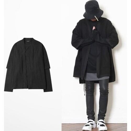 Japanese Retro Original Design Tide Brand Blouse Shirts Men Fake Two Turn-down Collar Single Breasted Priest Frock For Men Women