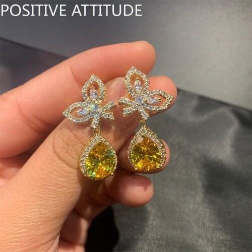 South Korea Butterfly Water Drop Champagne CZ Women Earrings Wedding Party Valentine Friends Pop Jewelry Gift Jewelry