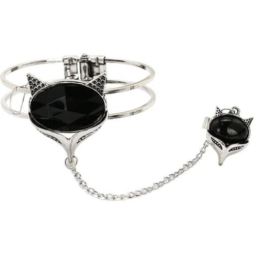Retro Silver Animal Fox Owl Slave Chain Cuff Bangles Bracelets with Finger Ring for Women Gift