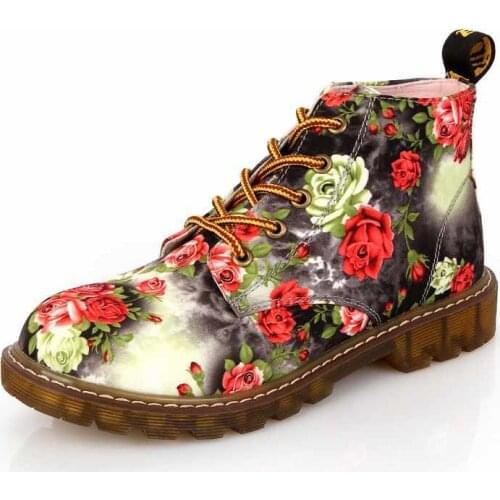 CUZULLAA Women Classic Floral Lace-up Boots Female Autumn Fashion Shoes Women Flower Print Non-slip Ankle Boots Size 35-40