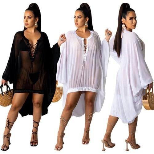 Black White Mesh Sheer Lace Up Hollow Beach Dress Women Long Batwing Sleeve Cover Up Dress Summer Front Short Back Long Dresses
