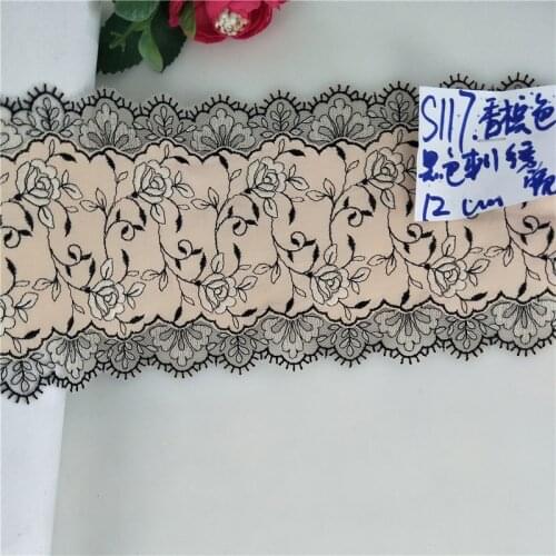 10Meters Black Champagne Rose Flower Embroidery Lace Trim Mesh Fabric For Lingerie Underwear Bra Dolls Dress Home Textile 12cm