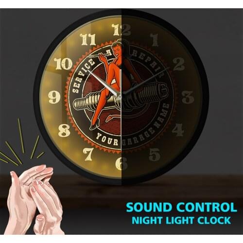 Custom Garage Wall Clock Devil Girl on Spark Plug Engine Auto Car Sound Activated Watch Motorcycle Repair Service Man Cave Time