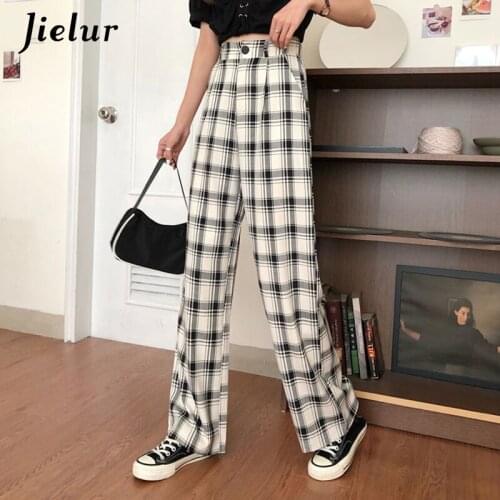 Jielur Harajuku Casual Plaid Pants for Women Chic Loose 8 Colors Wide Leg Trousers Woman Korean Lady Pants Streetwear Spring S-L