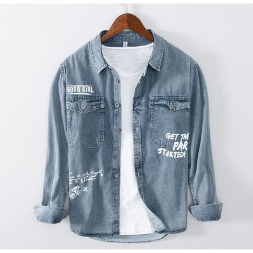 L859 Mans Denim Jacket Japanese Vintage Washed Trend Spring Autumn Casual Loose Printed Short Sleeve Shirt Male Coats Tops New