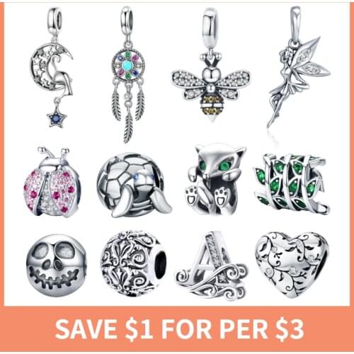BISAER Hot Sell Silver Color Ladybug Bee Green Eyes Fox Charms Beads Fit Original Pandora Bracelet DIY Jewelry Making EGC043