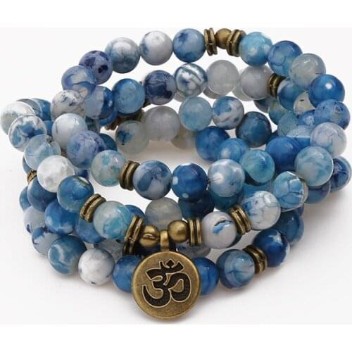 Natural Deep Sea Blue Line Onyx Bracelet 108 Mala OHM Pedant Bracelet or Necklace Fashion Mala or Female Energy Yoga Bracelet