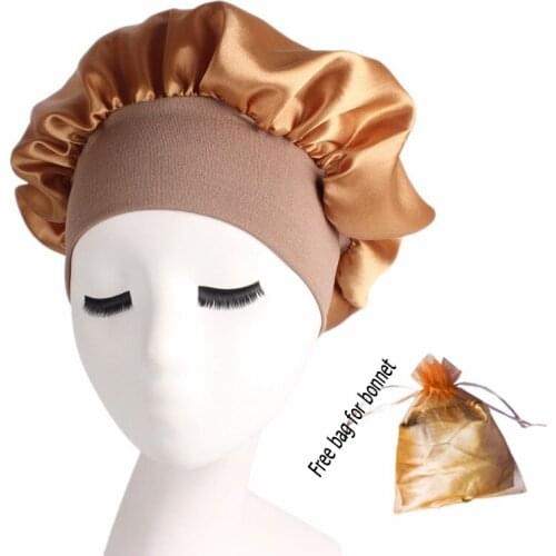 2021 fashionable wide band gold satin head night cap bonet customize logo wholesale designer bonnet