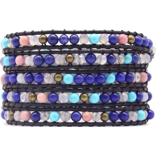 New Mixed Natural Stone Vintage Boho Leather Wrap Bracelet 5 Strands Adjustable Size Bracelet Dropship