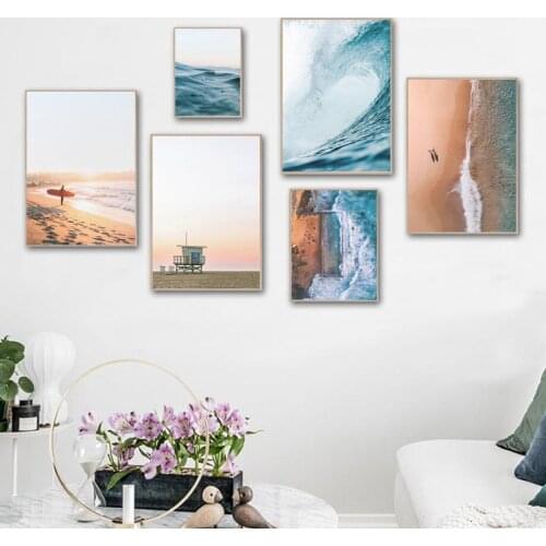 Ocean Beach Surfer Wooden House Sea View Wall Art Canvas Painting Nordic Posters And Prints Wall Pictures For Living Room Decor