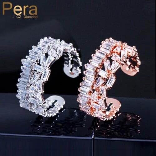 Pera High Quality AAA + Cubic Zirconia Mirco Pave Big Adjustable Size Baguette Shape Ring Jewelry For Women Prom Party Gift R088
