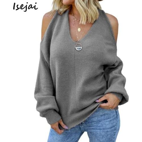 Off Shoulder V Neck Sexy Pullover Women Long Sleeve Loose Backless Sweaters Woman Autumn Jumper