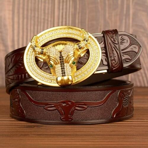 Fashion men leather belt cowboy luxury genuine leather dress belt cow bull head pattern automatic buckle cowskin belts for men