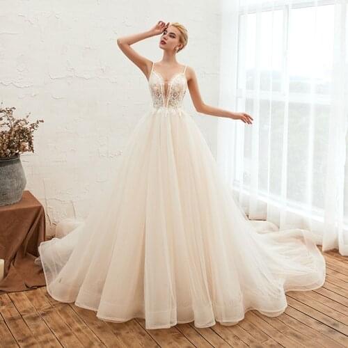 Sexy Spagetti Straps Women Wedding Dress Long Train Lace Appliqued Tulle V Neckline Bridal Gown