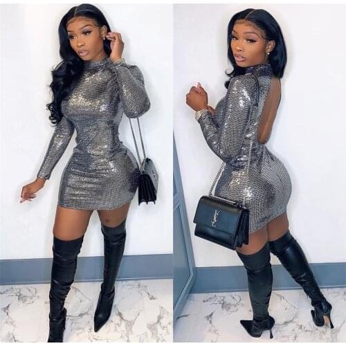 SKMY Summer Clothes For Women New Slim Sexy Hot Stamping Printed Silver Color Long Sleeve Open Back Bodycon Dress Clubwear