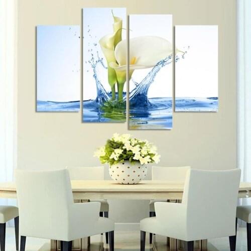 Modern Flower In Water Canvas Painting 4 Pieces Flower Wall Art Modular Wall Pictures Hanging On Wall Decor For Living Room