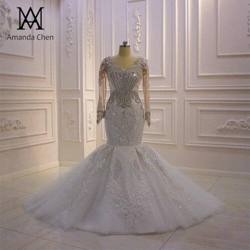 Amanda Design Fashionable Long Sleeve V-Neck Lace Appliques Rhinestone Mermaid Wedding Dress