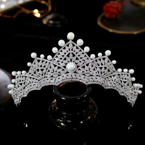 High quality pearl cubic zirconia tiara, luxury wedding hair accessories, bride tiaras and crowns wedding dress accessories