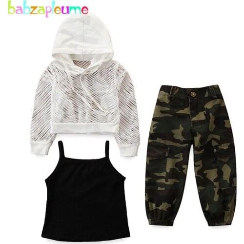 Spring Summer Baby Girls Clothes Fashion Hooded T-shirt+Vest+Camouflage Pants Kids Boutique Outfits Children Clothing Sets 1910