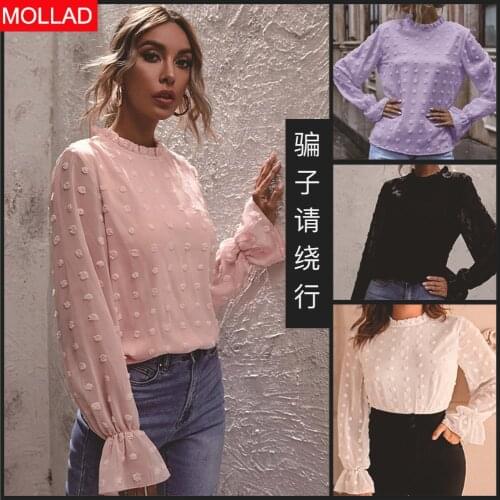 Fall Lantern Long Sleeve Ruffled Collar Stitching Solid Color Chiffon Temperament Commute Womens Shirt