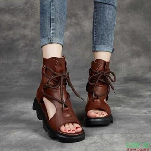 New Design Fashion Women Sandals Summer Shoes 2021 Open Toe Genuine PU Leather Back Zipper Wedges Platform Casual Sandals