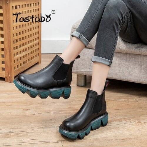 Tastabo Genuine Leather Ladies Ankle Boots Retro Style Womens Boots Slip on Wear Comfortable Flat Bottom