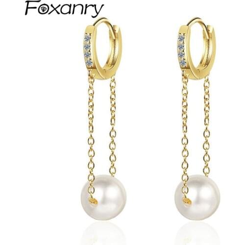 FOXANRY Prevent Allergy 925 Sterling Silver Hoop Earrings for Women Trendy Elegant Sparkling Zircon Pearl Tassel Bride Jewelry