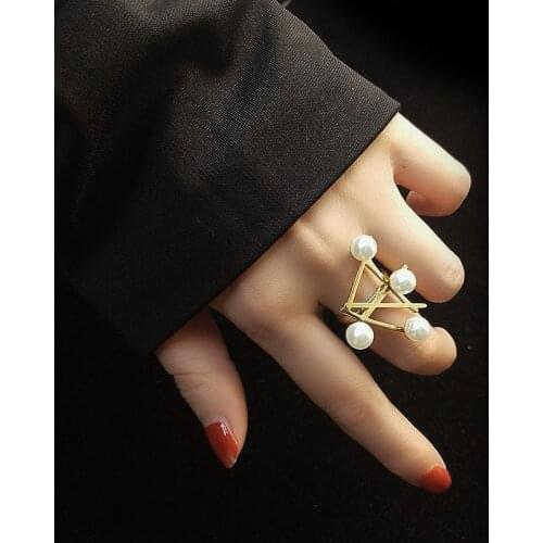 Minar Hip Hop Simulation Pearl Charm Rings for Women Ladies Titanium Steel Cross Geometric Open Index Finger Rings Jewelry