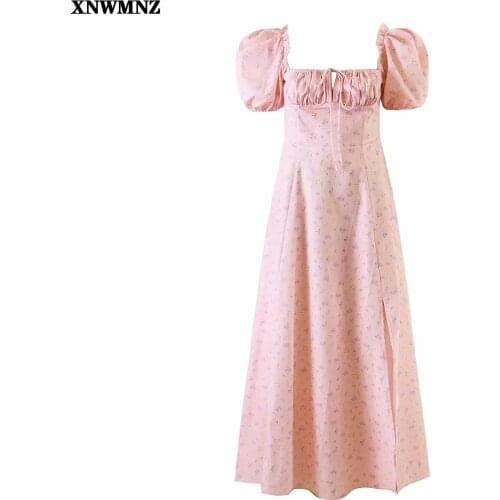 2021 summer women Tube Top Slit split Dresses Fashion Printed floral Vestidos Short puff Sleeve small fresh Flower Midi Dress za