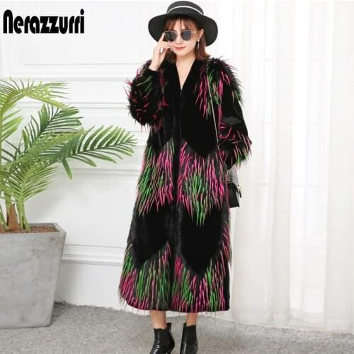Nerazzurri designer fake fur jacket women high quality v neck plus size elegant streetwear multicolor long winter faux fur coat