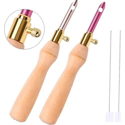 LMDZ 2Pcs Wooden Handle Embroidery Pens Threader Punch Needle Weaving for DIY Craft Stitching Applique Embellishment