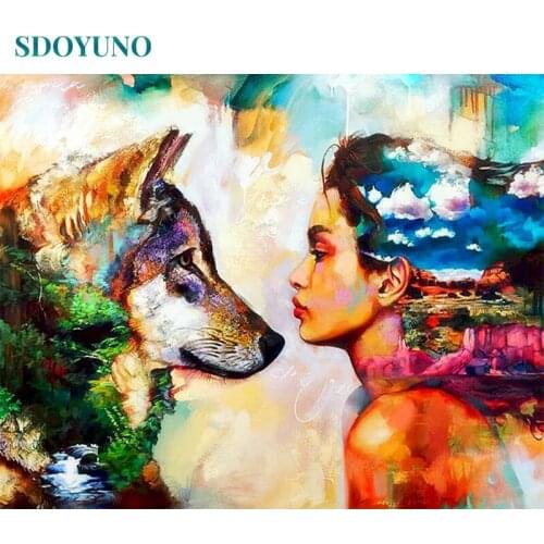SDOYUNO Acrylic Paint By Numbers Girl And Wolf DIY Frameless 60x75cm Oil Painting By Numbers On Canvas Digital Figure Hand Pain