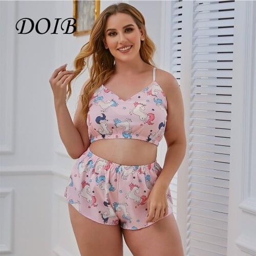 DOIB Women Sexy Pajamas Set Pink Cartoon Print Plus Size Spaghetti Strap Sleepwear 2 Pieces Suit Homewear Nightwear