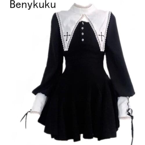 Harajuku Embroidery Lace Retro Stand Collar Goth Shirt Dress Black Gothic Punk Style Lolita Girl Long Sleeve Dresses Streetwear