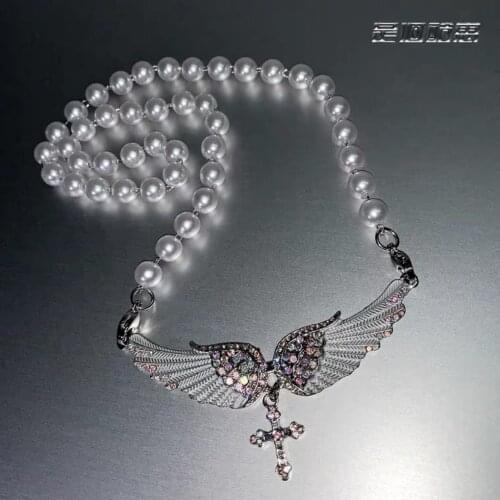 Ins Wind Angel Wings Pearl Necklace Cross Angel Wings Clav-made